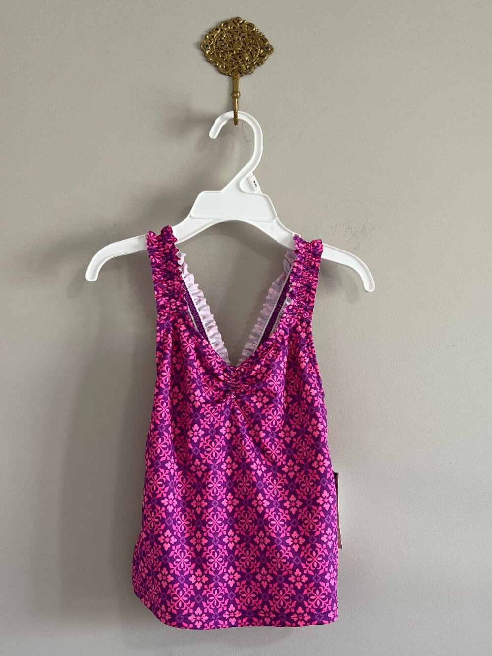Lands’ End Girls XS 4-5 Tankini Top Pink Purple Floral Ruffle NWT UPF 50